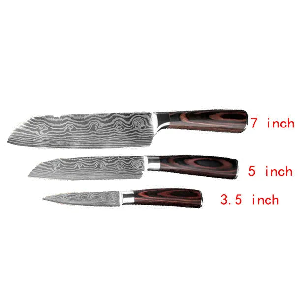7Cr17 stainless steel kitchen knife with coloured wood handle and Damascus pattern blade on a black gift box.