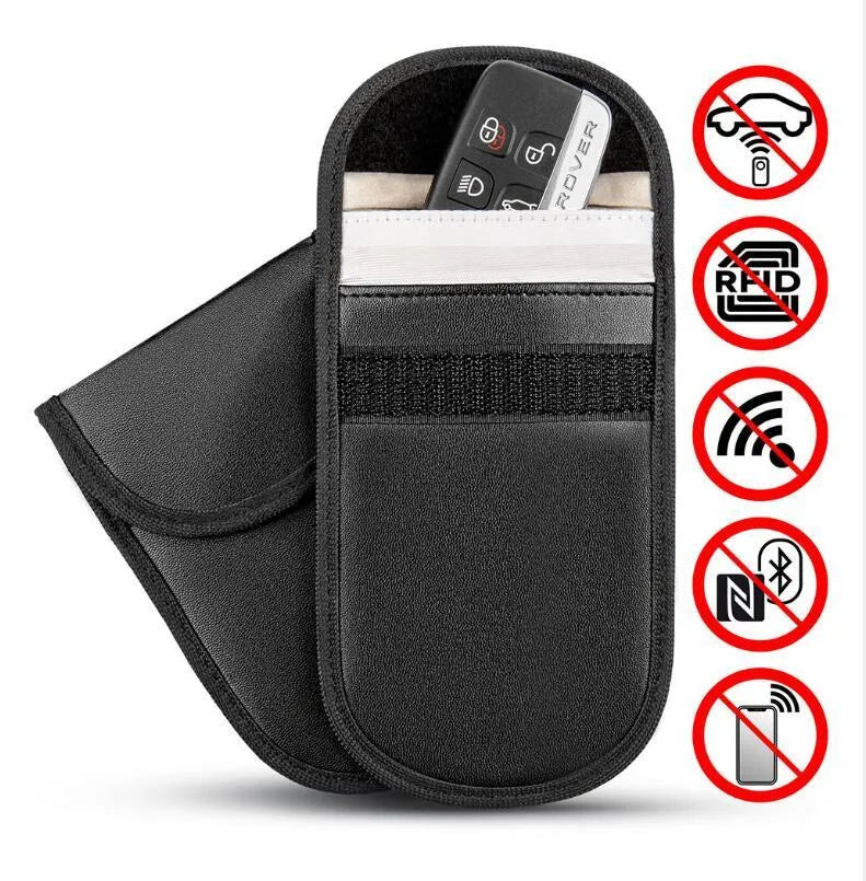 Black microfiber Faraday cage pouch for car key fob and RFID card protection.