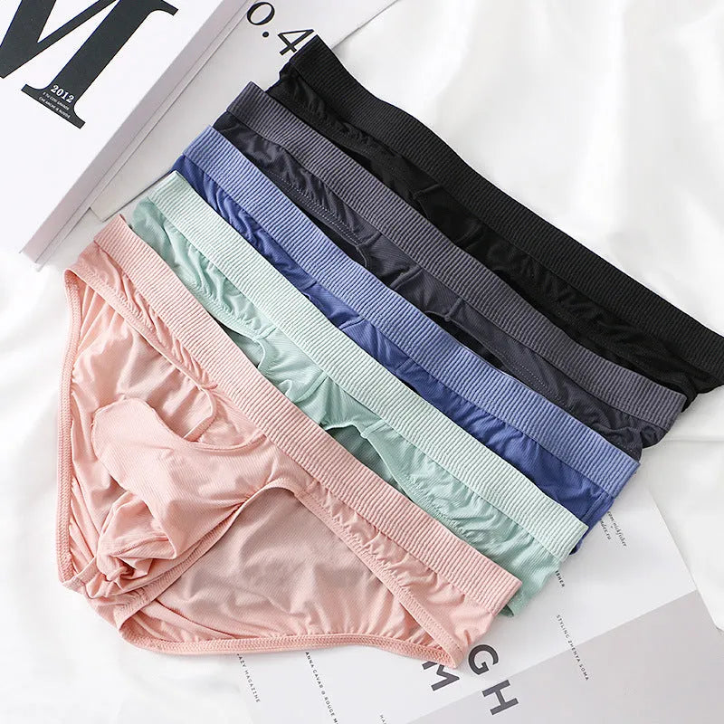 Men's low waist Ice Silk briefs in light green colour showing the front design