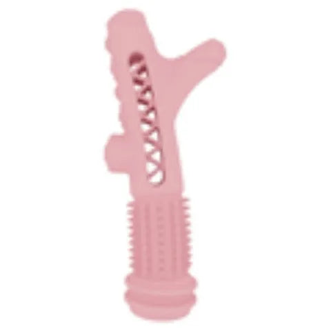 TPR dental tree branch chew toy for small dogs in blue, green, or pink colours.
