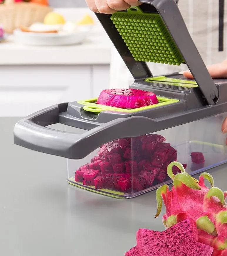 Multifunctional vegetable cutter with seven stainless steel blades on a kitchen counter
