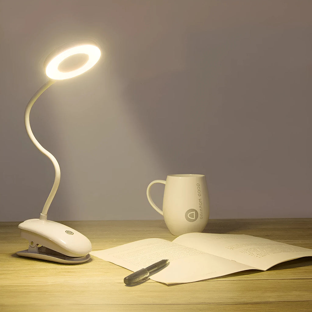 Clip-on rechargeable desk lamp with plastic shade and touch switch in a modern simple design