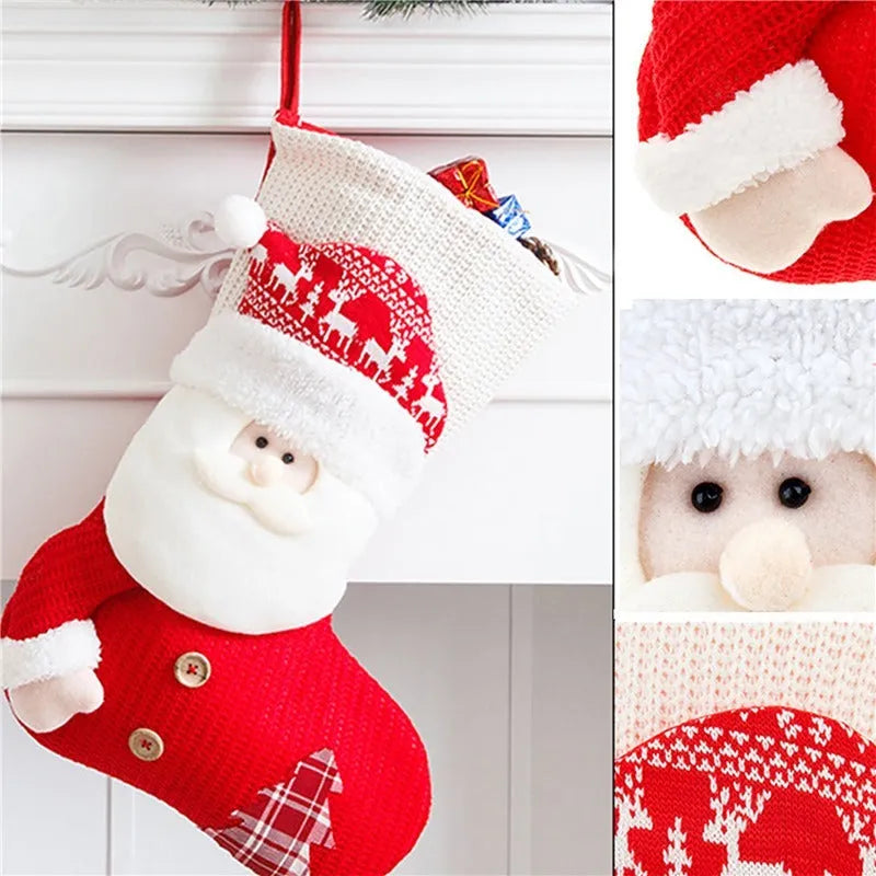 Large red white knitted Christmas stocking with Santa Claus design for fireplace decoration