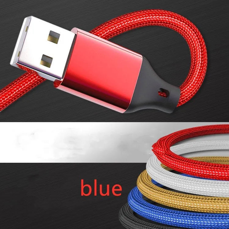 Three-in-one braided charging cable showing red, blue, gold, black, silver, and rose gold colour options