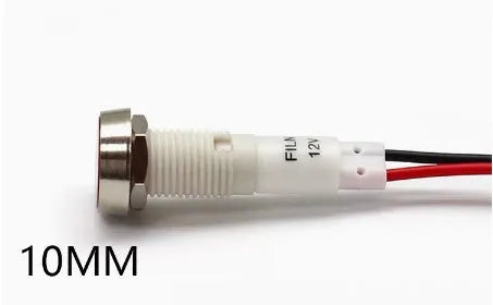 10mm plastic indicator light with stainless steel edge bezel and wire connector in one of five colours.