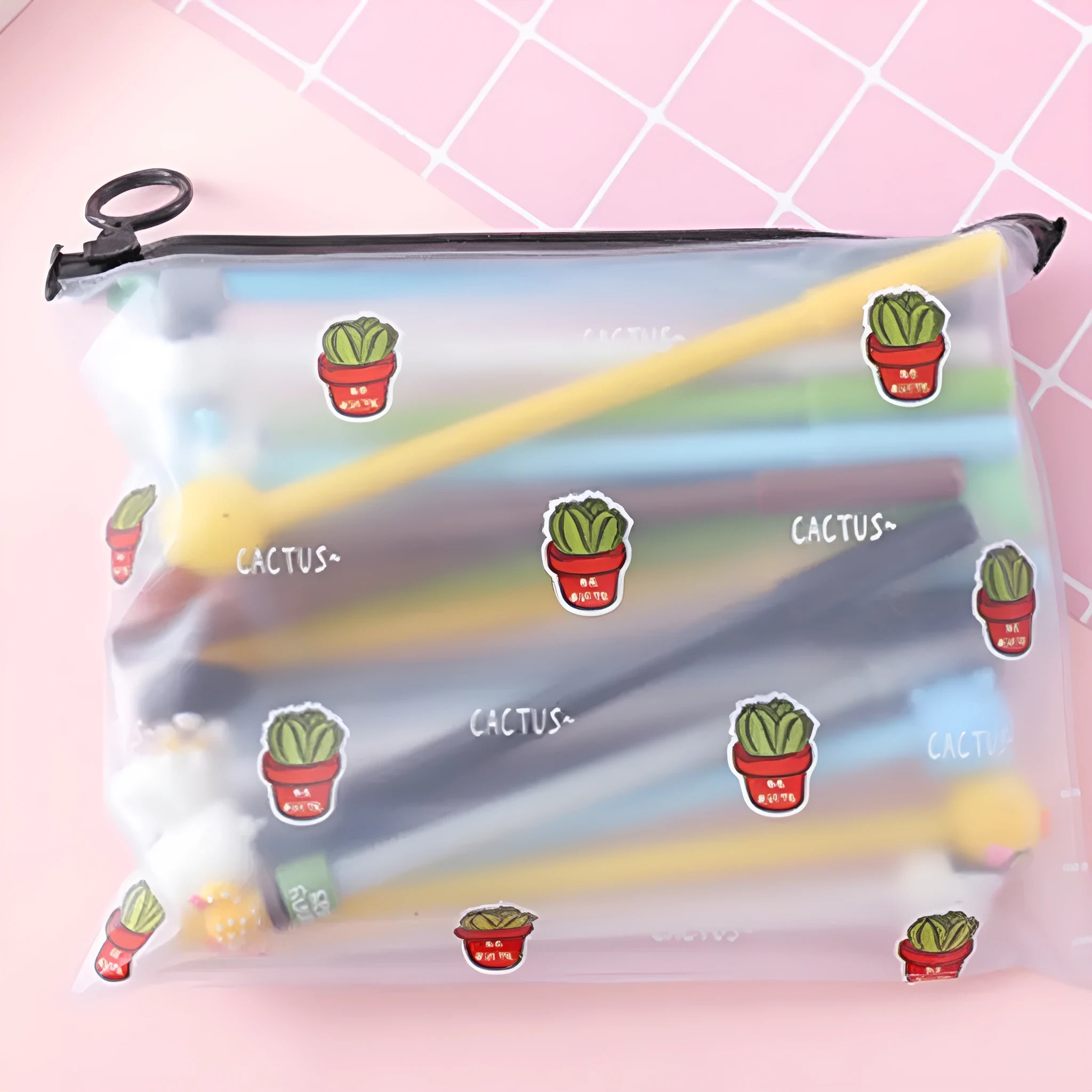 Marvel cactus cartoon design plastic pen case open to show twenty black gel pens with 0.5mm tips.