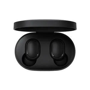 Redmi AirDots black true wireless Bluetooth headphones and charging case.