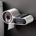 White plastic bathroom toilet roll holder with a streamline curve design on a wall
