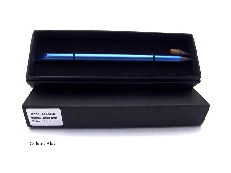 Silver inkless metal pen with alloy nib next to its storage box and spare nib.
