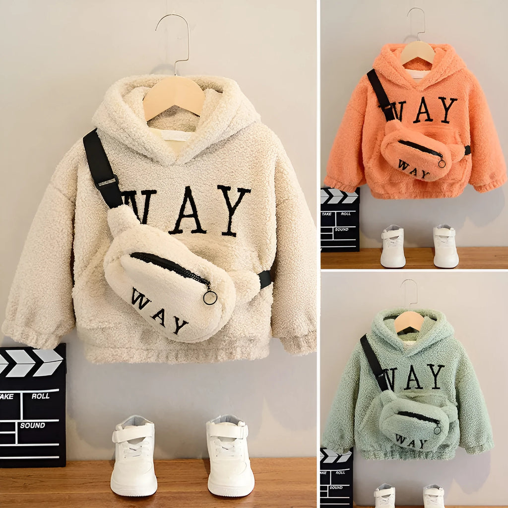 Children's beige fleece jacket with hood featuring cartoon print and long sleeves