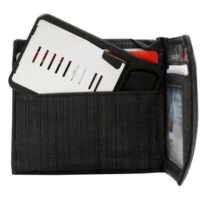 Black minimalist card phone holder for desk, measuring 8.5cm wide by 5cm deep.