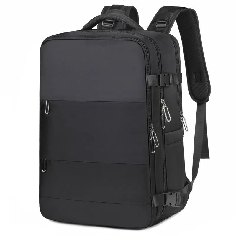 Large-capacity purple travel backpack with multiple compartments and air-pillow straps for organised travel