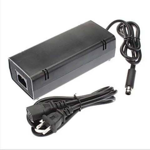Black Microsoft Xbox 360 E AC power adapter with cable and plug.