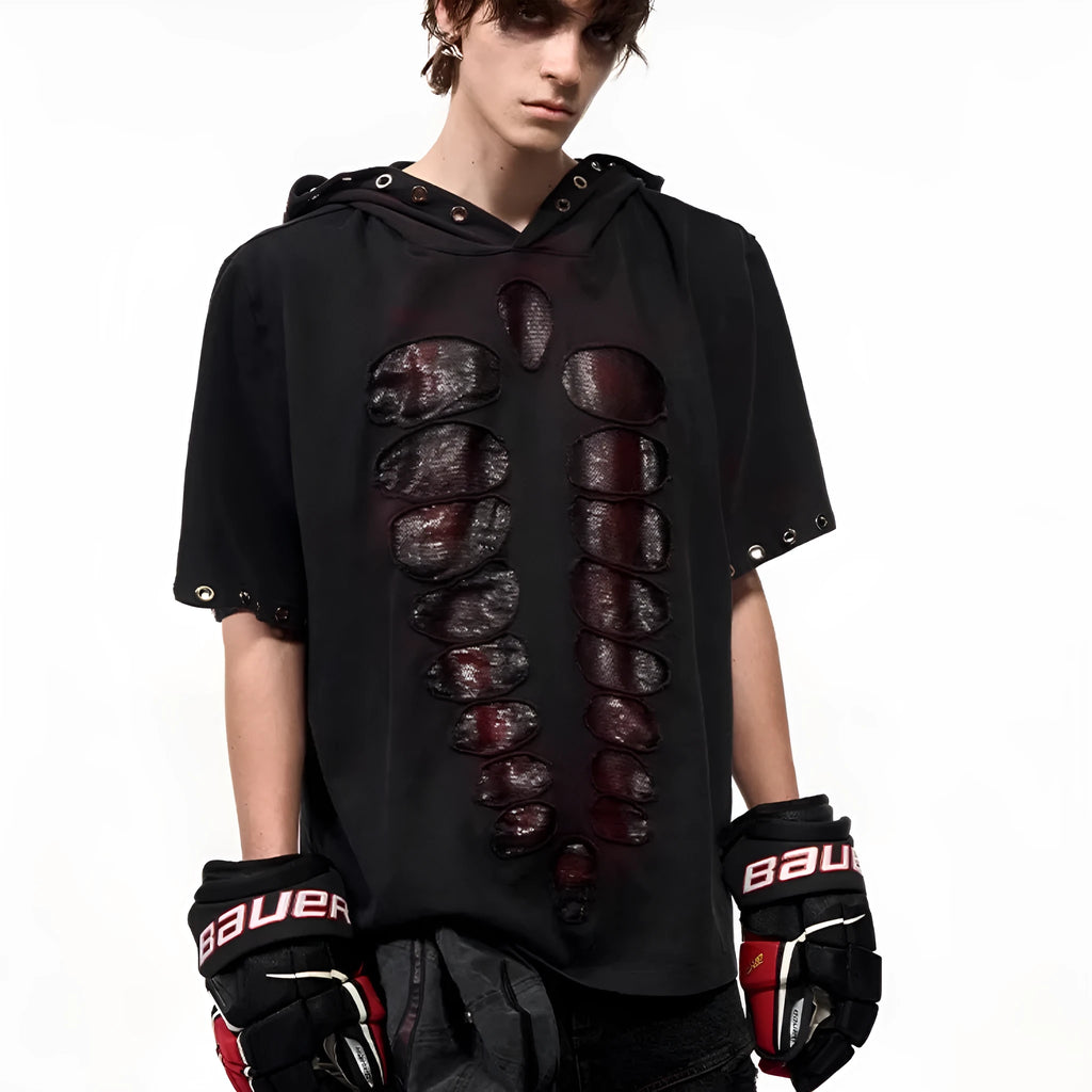 Black hooded men's short-sleeve T-shirt with sequin detailing and loose fit.