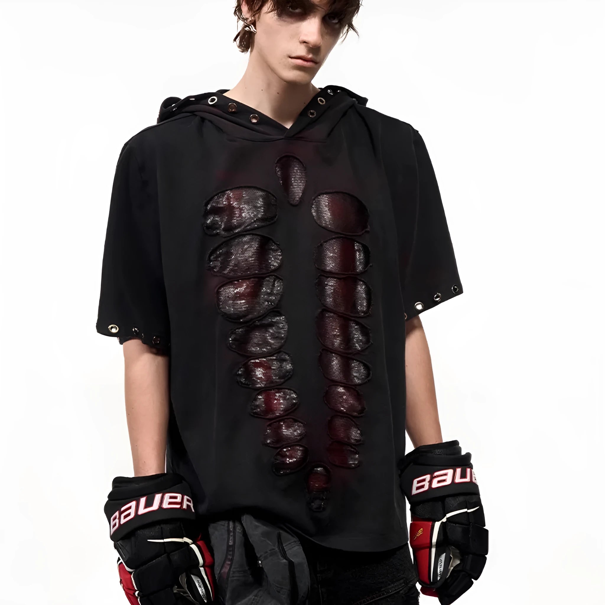 Black hooded men's short-sleeve T-shirt with sequin detailing and loose fit.