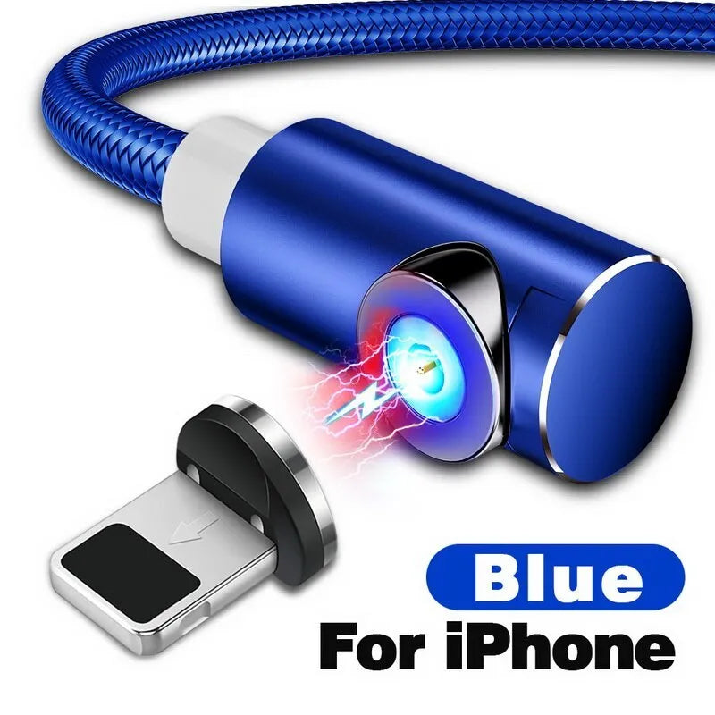 Black L-shaped magnetic USB charging cable with aluminium connector on a wooden table.