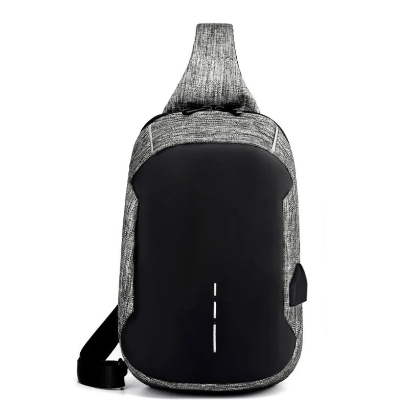 Dark blue waterproof oxford cloth chest bag with a zipper and single strap.