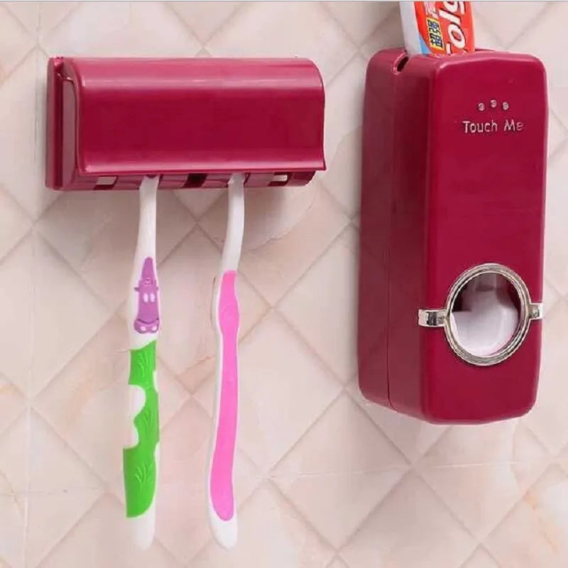 White wall-mounted bathroom set with a toothbrush holder and a pump-action toothpaste dispenser.