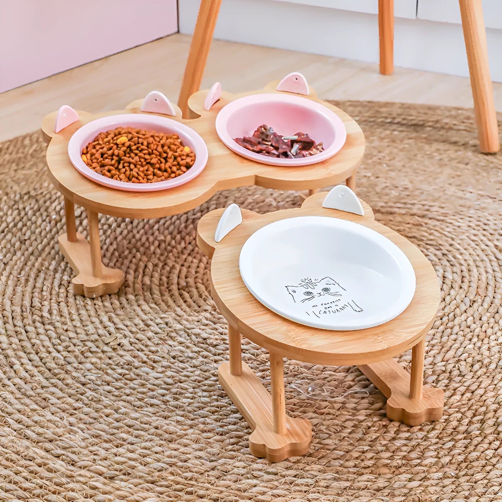 Ceramic cat bowl with bamboo rack on non-slip base, 15° tilt angle for comfortable feeding