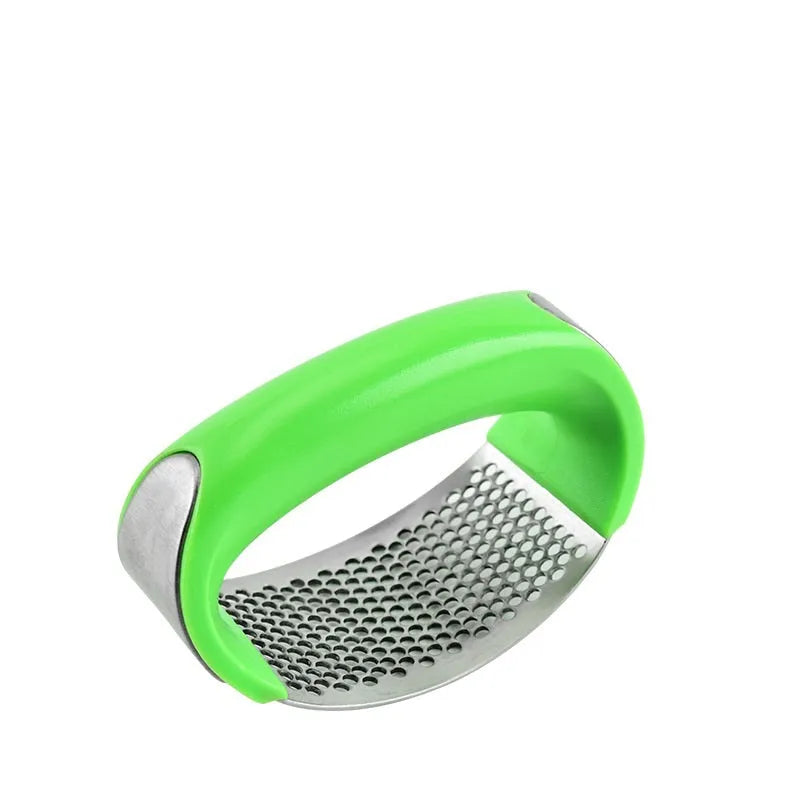 Stainless steel garlic press with ergonomic handle in available colours for kitchen use