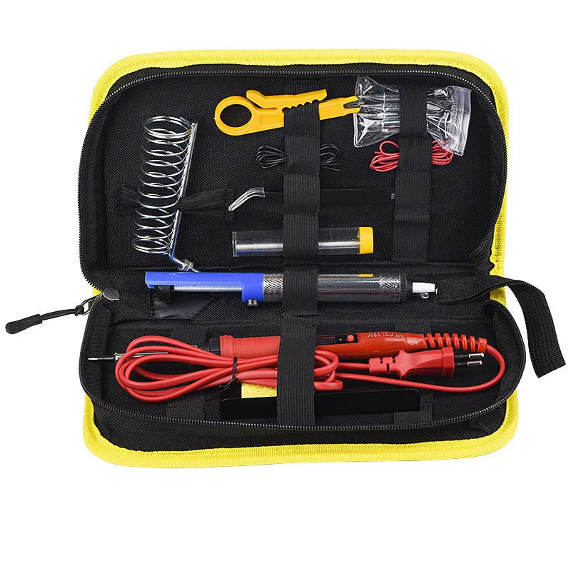 80W LCD adjustable temperature soldering iron kit with desoldering pump, five tips, stand, sponge, tweezers, wire stripper, and fabric case in black