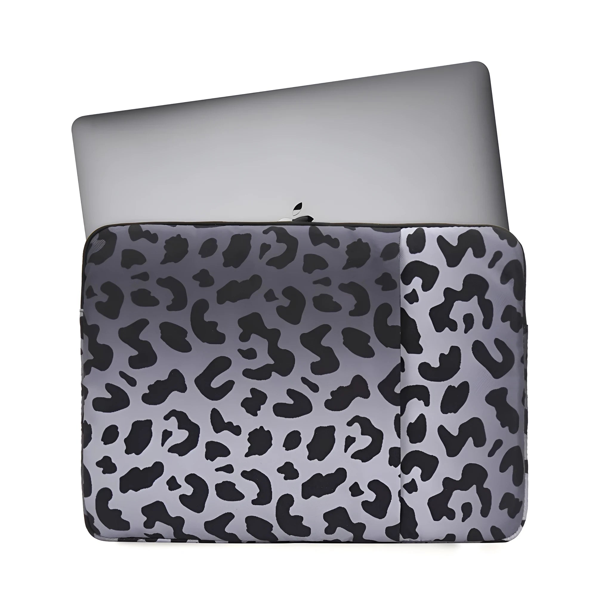 Leopard print laptop sleeve open to show flannel lining, suitable for 13-inch to 16-inch laptops