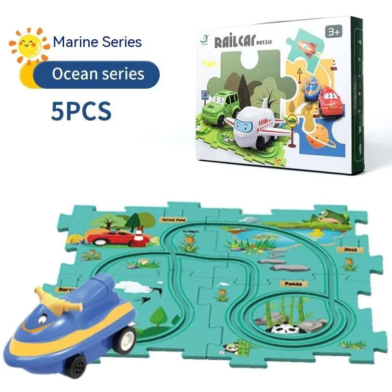 Children puzzle electric railroad speeder with DIY assembly track and automatic car, dinosaur theme