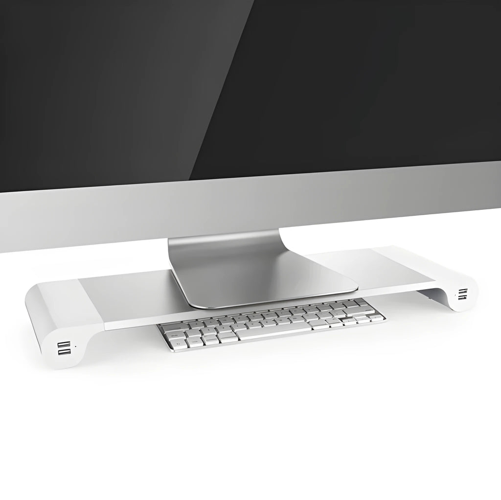 Aluminium and plastic computer monitor stand with four USB ports and hidden keyboard storage underneath
