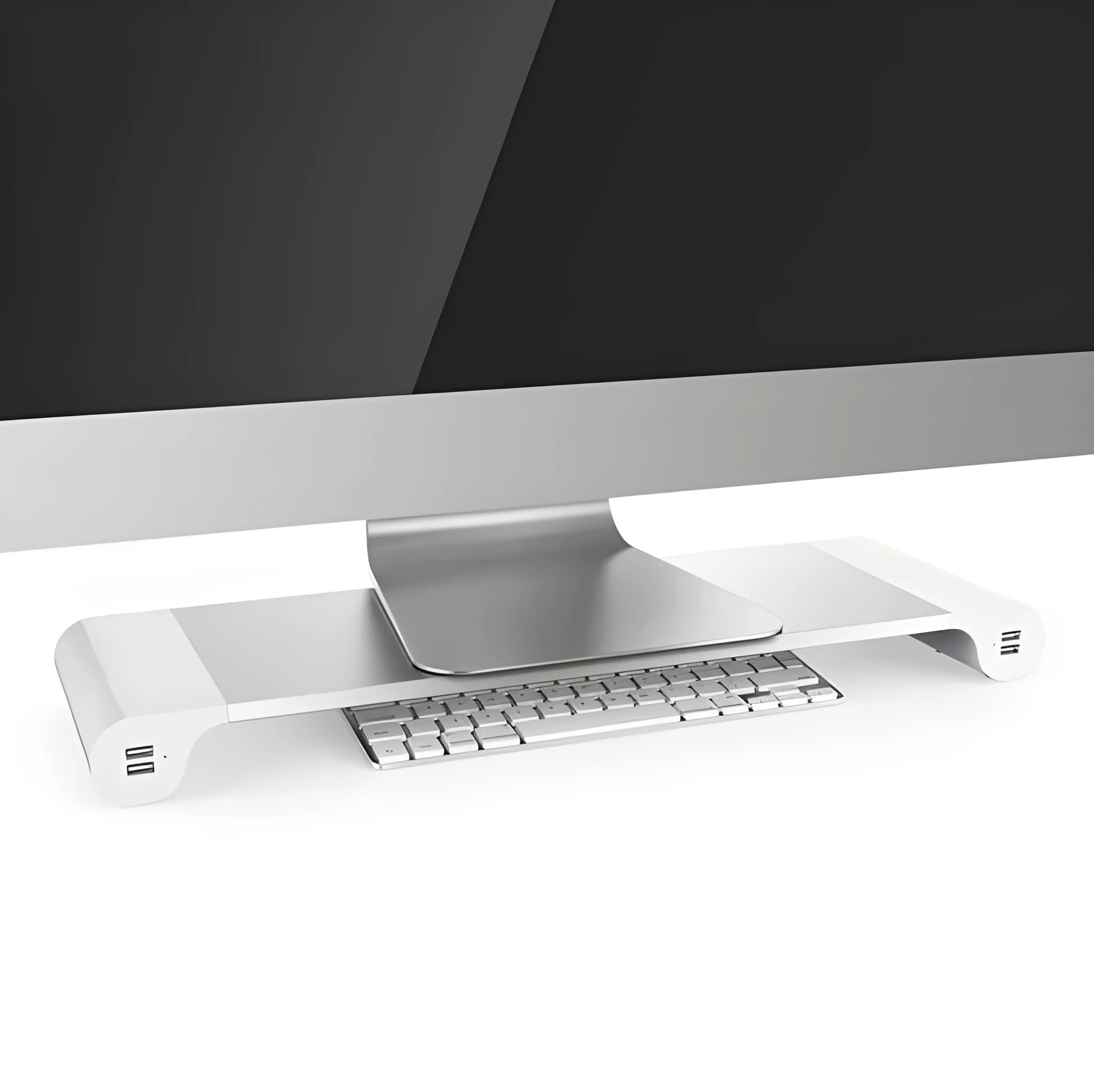 Aluminium and plastic computer monitor stand with four USB ports and hidden keyboard storage underneath