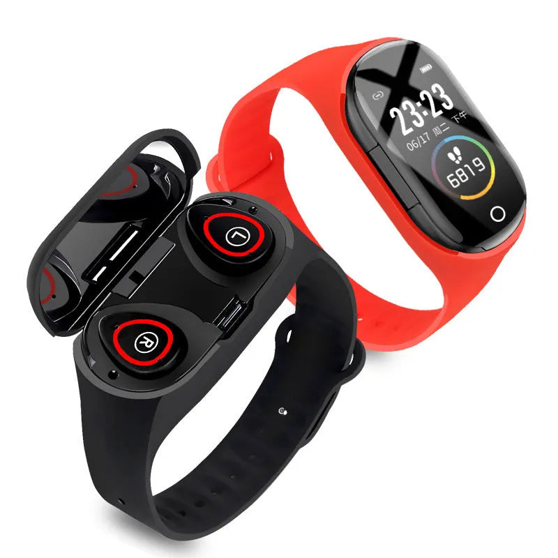 Black silicone smart fitness bracelet with integrated earphones and 1-inch touchscreen display