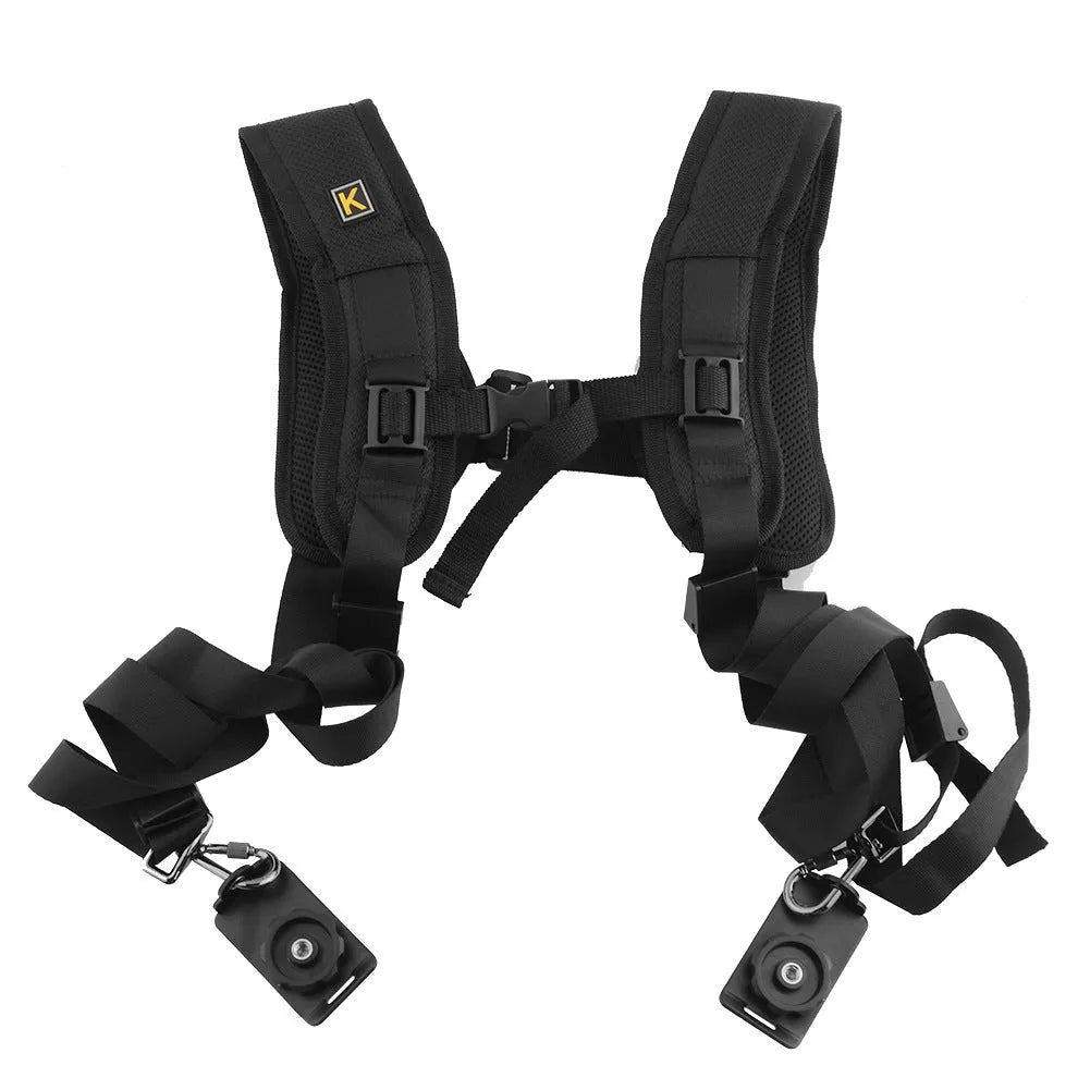 Black professional dual shoulder strap for two SLR cameras, showing nylon fabric and padded shoulders.