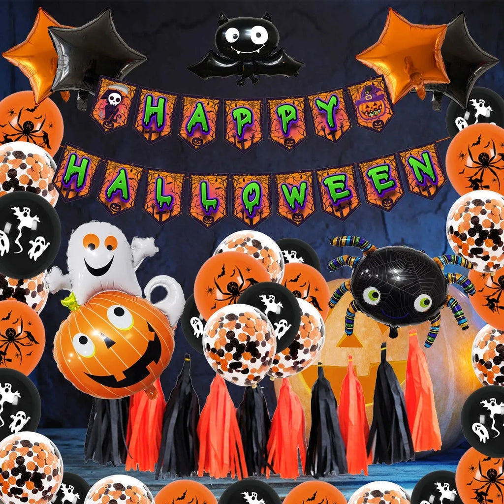 Black and white Halloween balloons with skull and pumpkin designs arranged as spider arch decoration