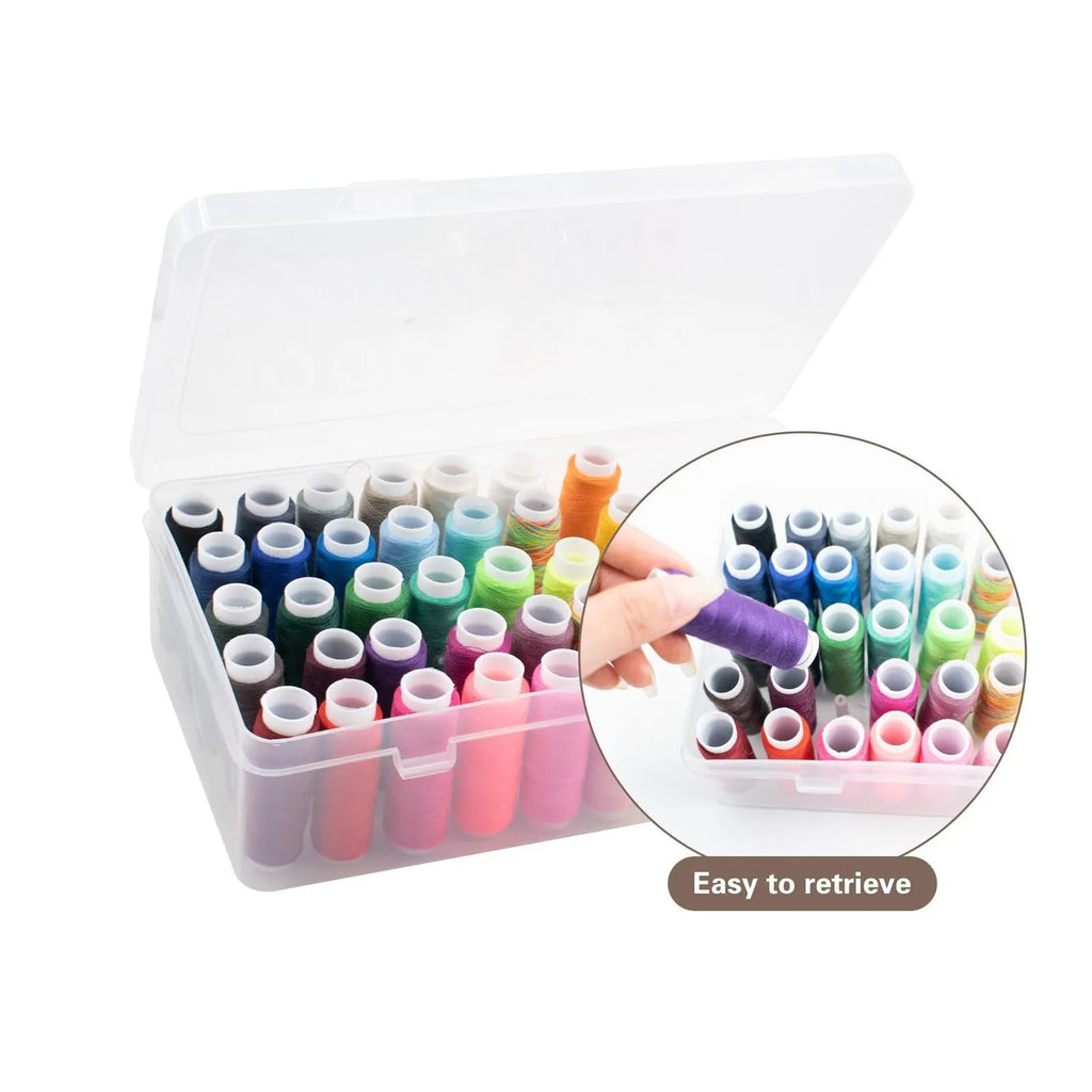 Transparent plastic box with 42 compartments for organising embroidery threads and sewing accessories.