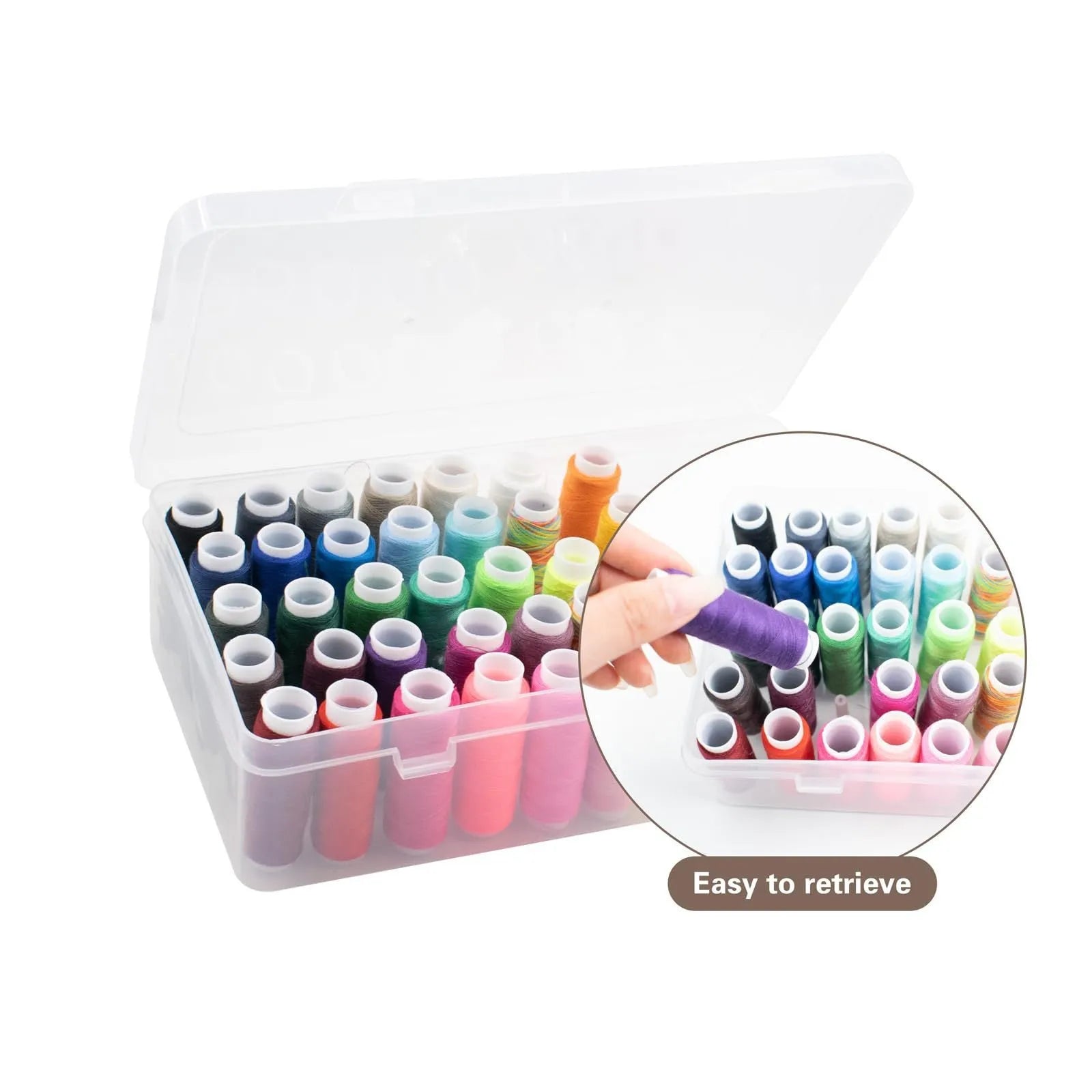 Transparent plastic box with 42 compartments for organising embroidery threads and sewing accessories.