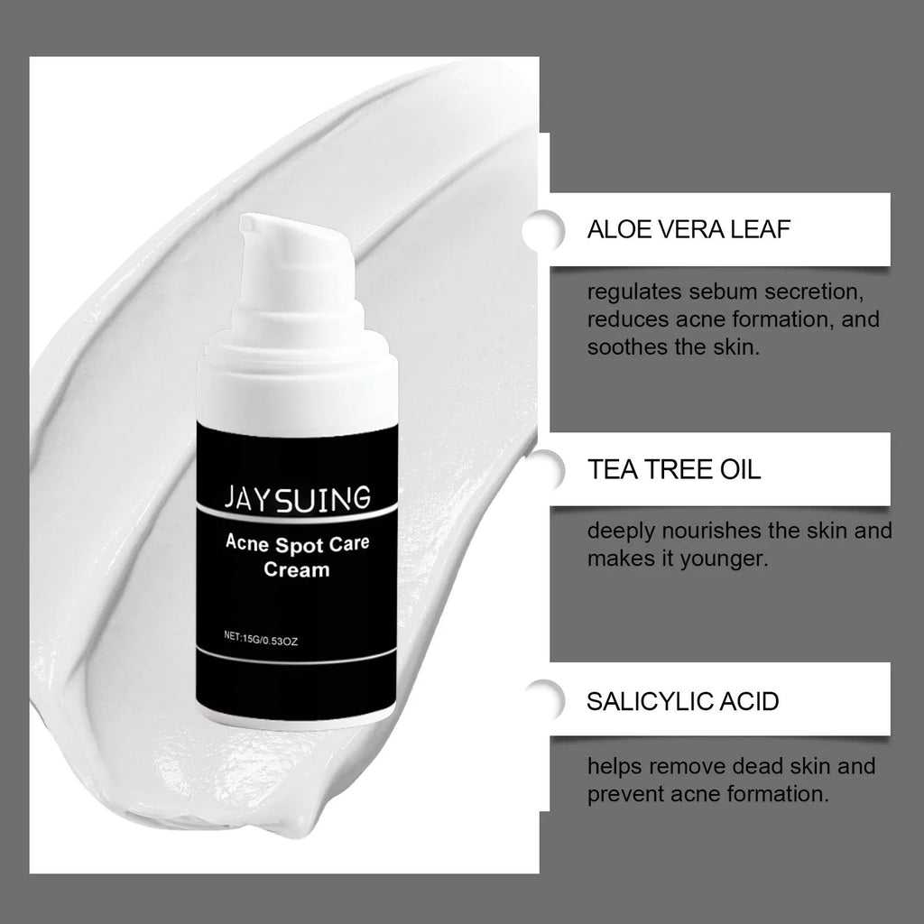 15g tube of acne cream with plant-based ingredients including mint leaf and tea tree oil