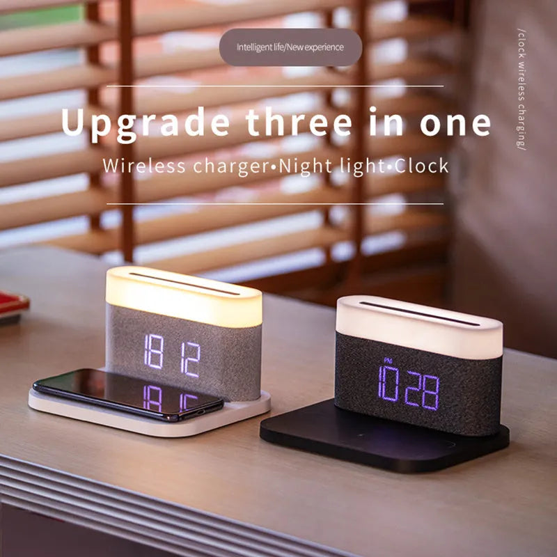 Black and white wireless desktop charger with clock display and ambient lighting functions