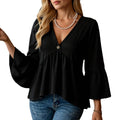 Women's solid colour black casual shirt with seven-point flared sleeves and pleating detail
