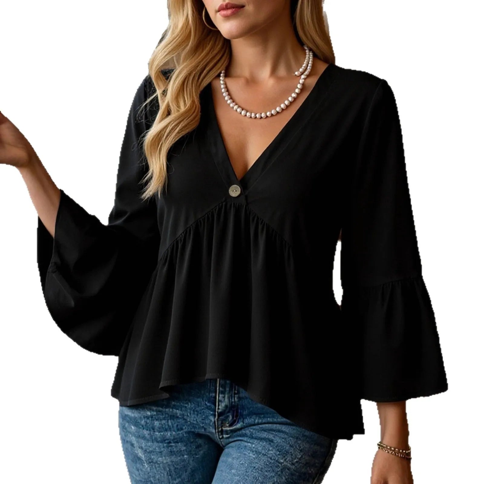 Women's solid colour black casual shirt with seven-point flared sleeves and pleating detail