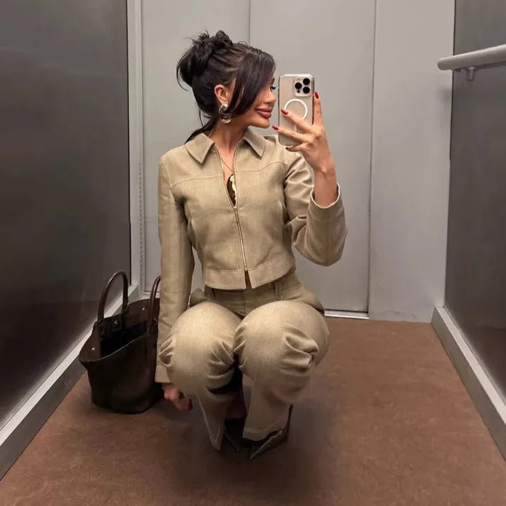 Women's polyester suit set with 3D herringbone pattern embroidery on jacket and trousers
