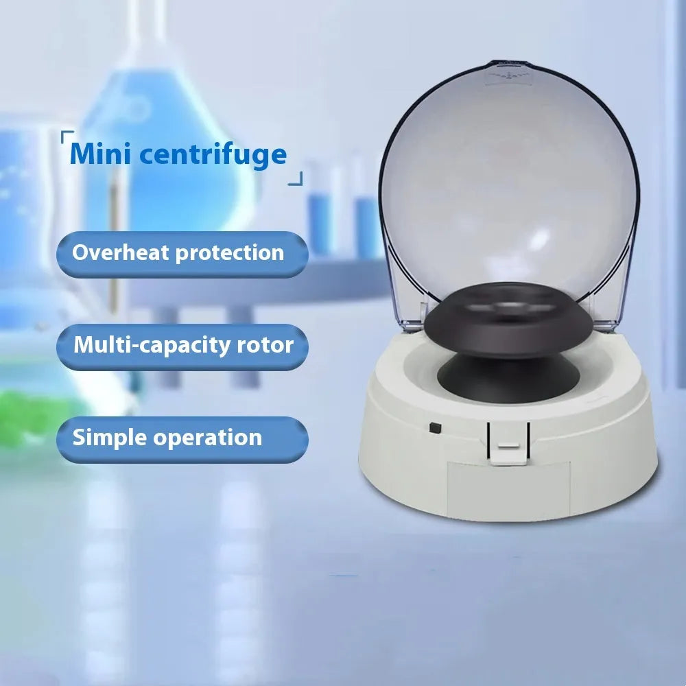 Mini laboratory centrifuge with compact benchtop design measuring 157mm × 170mm × 120mm