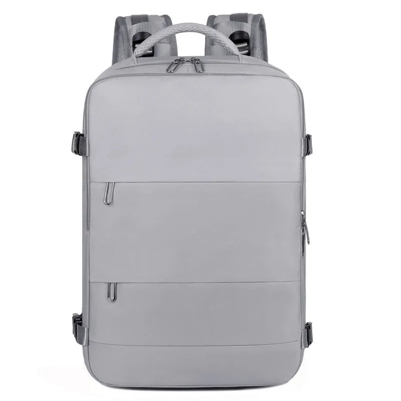 Large-capacity purple travel backpack with multiple compartments and air-pillow straps for organised travel