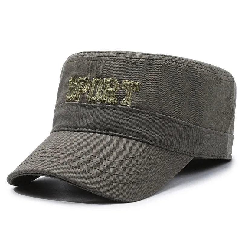 Men's adjustable cotton flat-top peaked cap in army green with dome crown and letter detail.