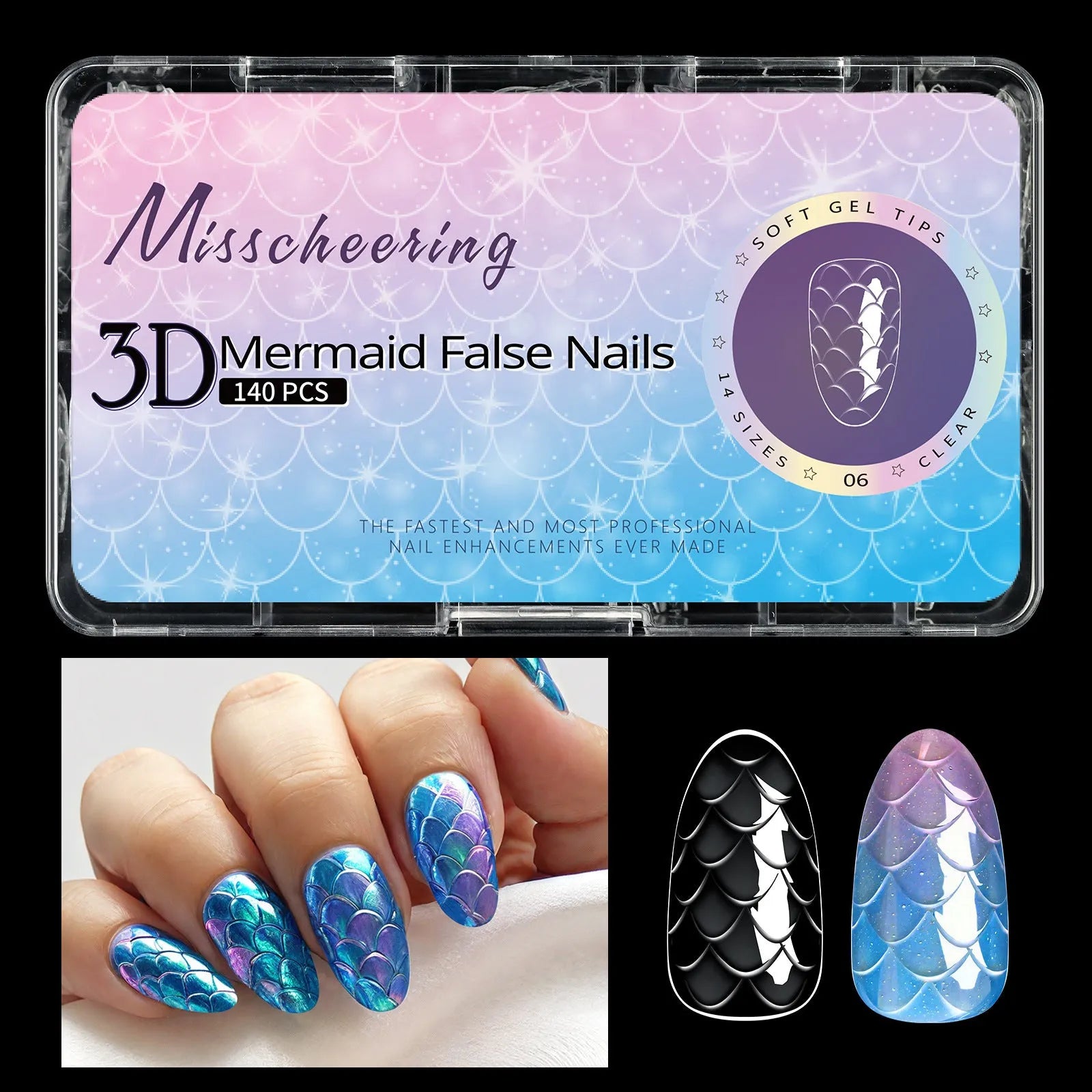 3D scale textured long shaping artificial nail tips in a Frigate box, showing colour mix options 01 to 07.