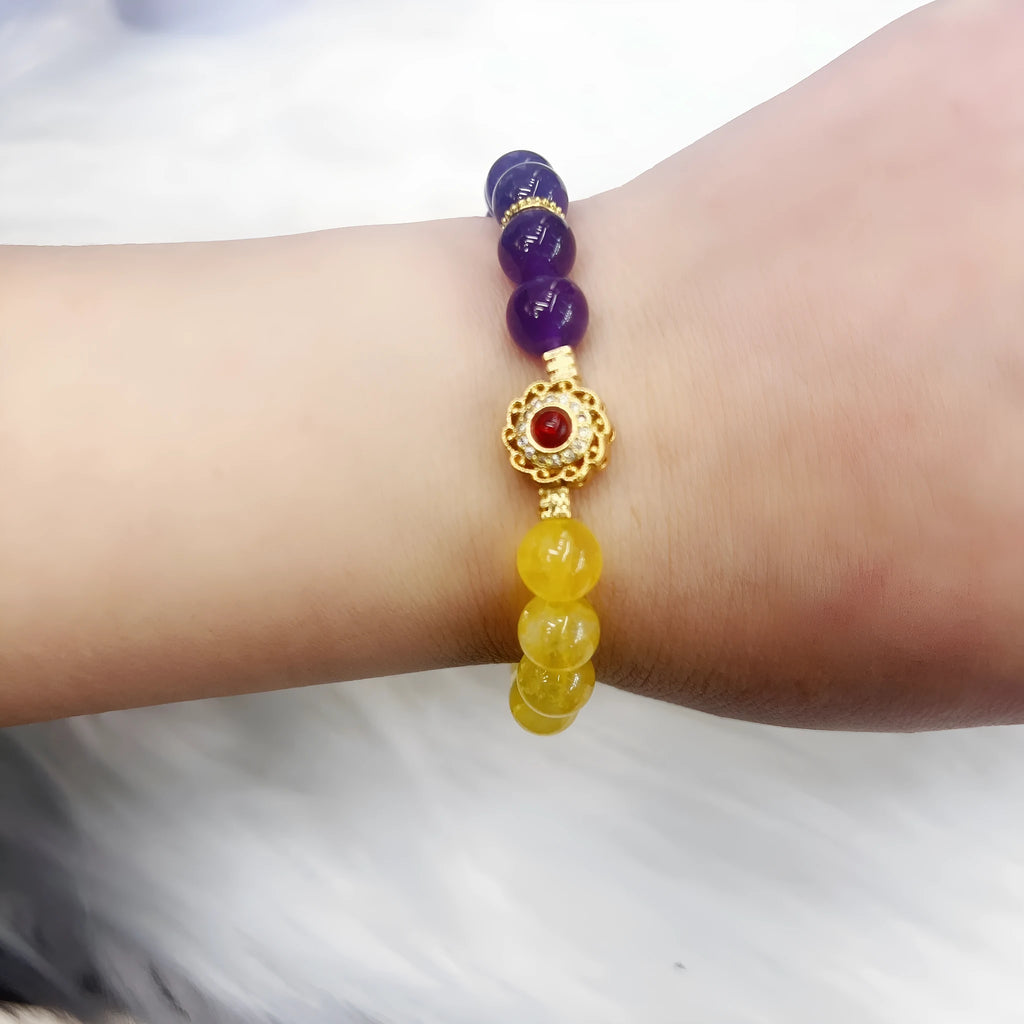 Handmade women's yellow and purple crystal bracelet with amethyst beads