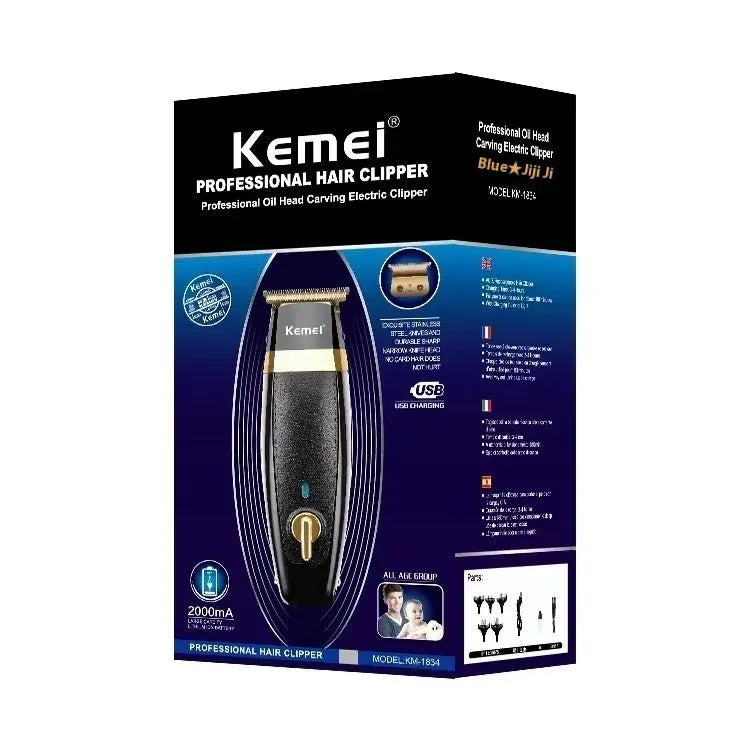 KM1834 rechargeable electric hair clipper with five limit combs, USB cable, lubricant, and brush on a table