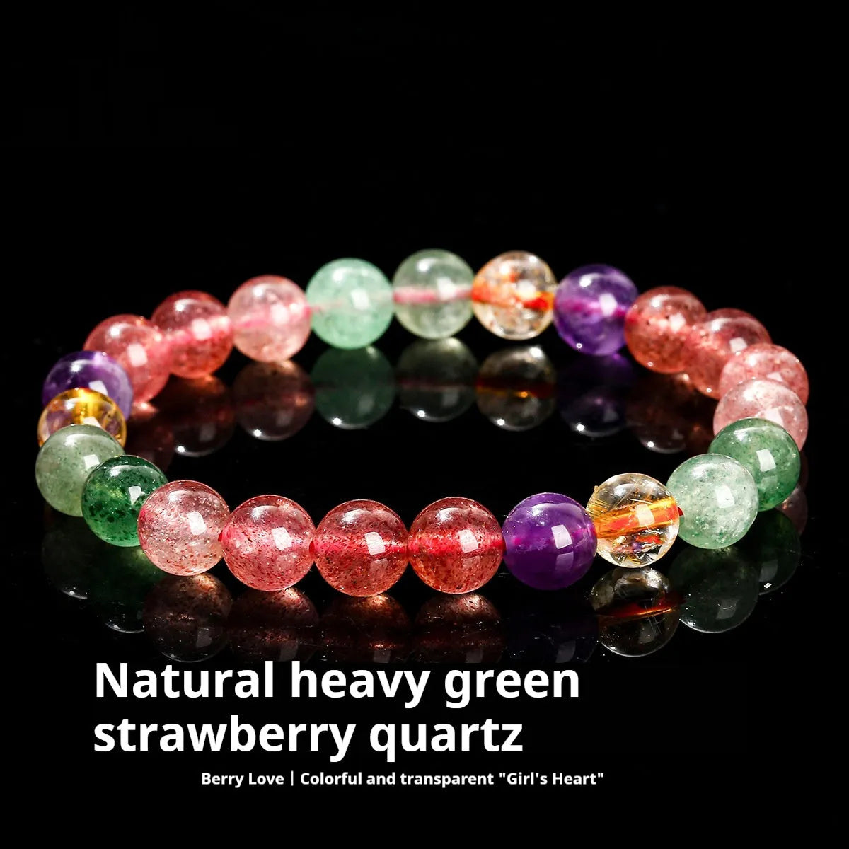Natural strawberry quartz and tourmaline geometric bead bracelet for women in 7mm, 8mm, and 9mm sizes.