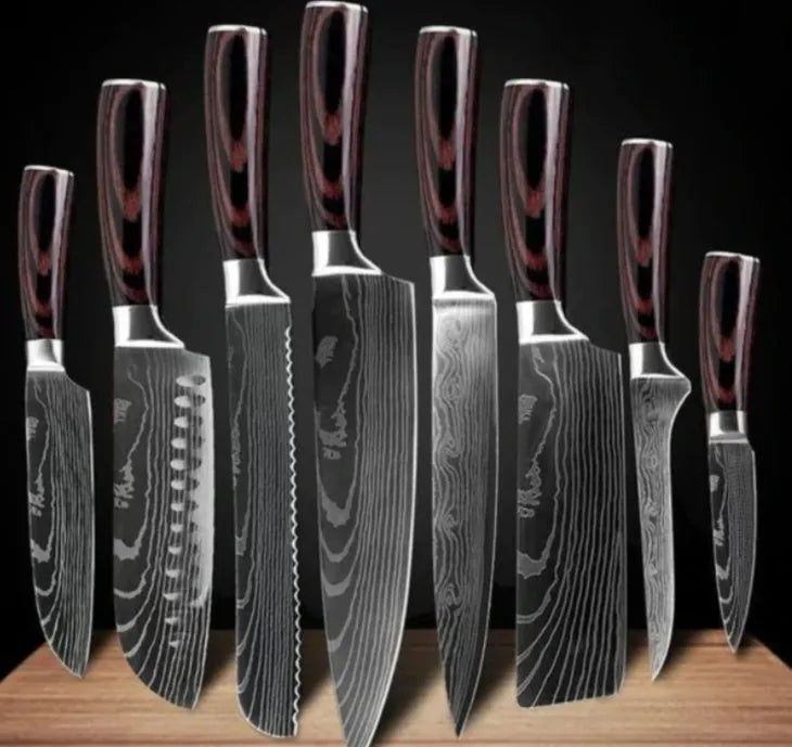 7Cr17 stainless steel kitchen knife with coloured wood handle and Damascus pattern blade on a black gift box.