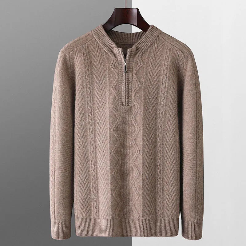 Men's loose fit wool sweater with diamond pattern and half-zip front in light camel colour
