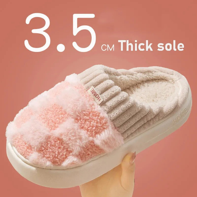 Women's plaid plush slippers in coffee colour with a soft upper, plush lining, and textured PVC sole.