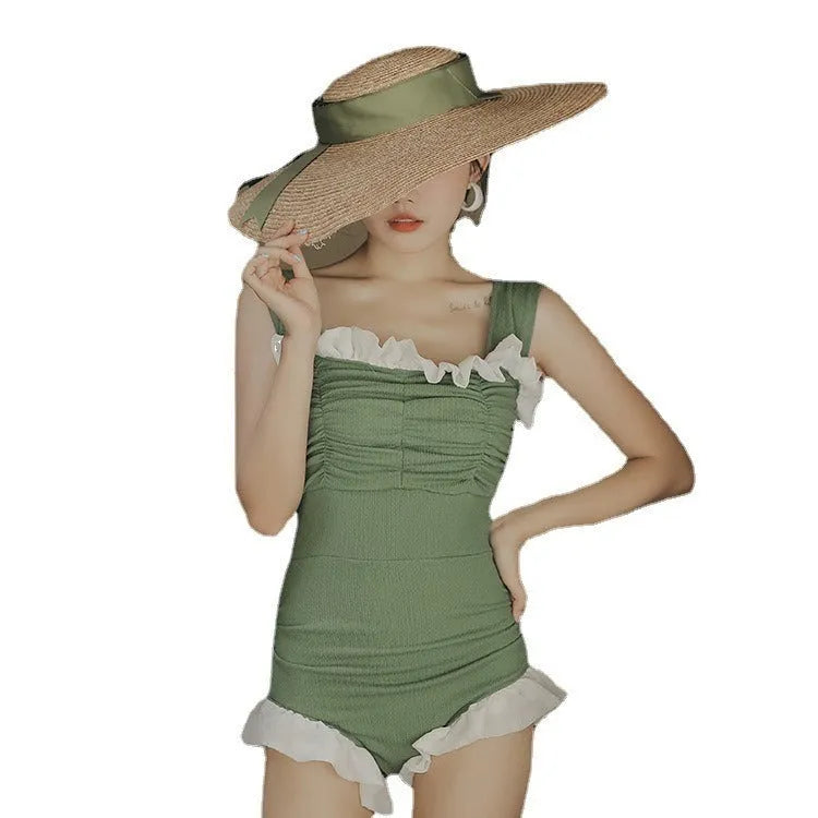 Korean style high-waist one-piece swimsuit in black, green, or pink with quick-drying polyester fabric